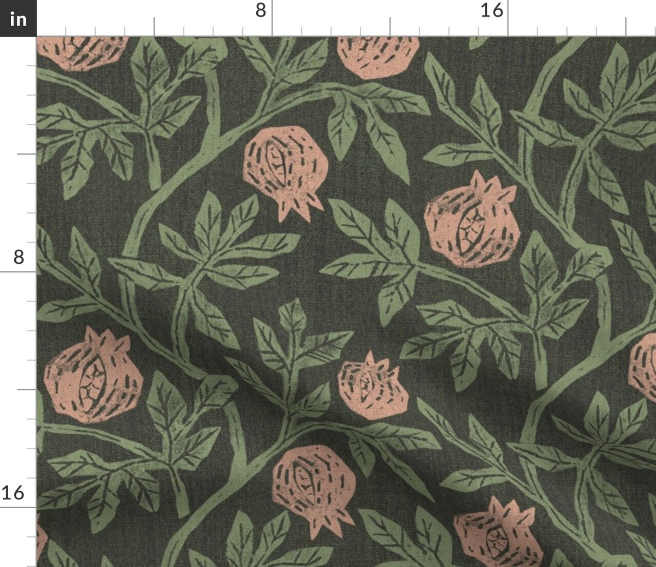 Moody Pomegranate Modern Botanical Fruit Arts And Crafts Nouveau Vintage Style Retro Green Custom Printed Fabric by Spoonflower Various Fabrics by the Yard or Fat Quarter